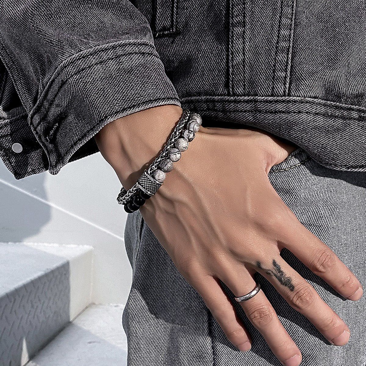 New frosted map stone bracelet men's double beaded OT button transfer bead titanium steel bracelet hand adornment tide