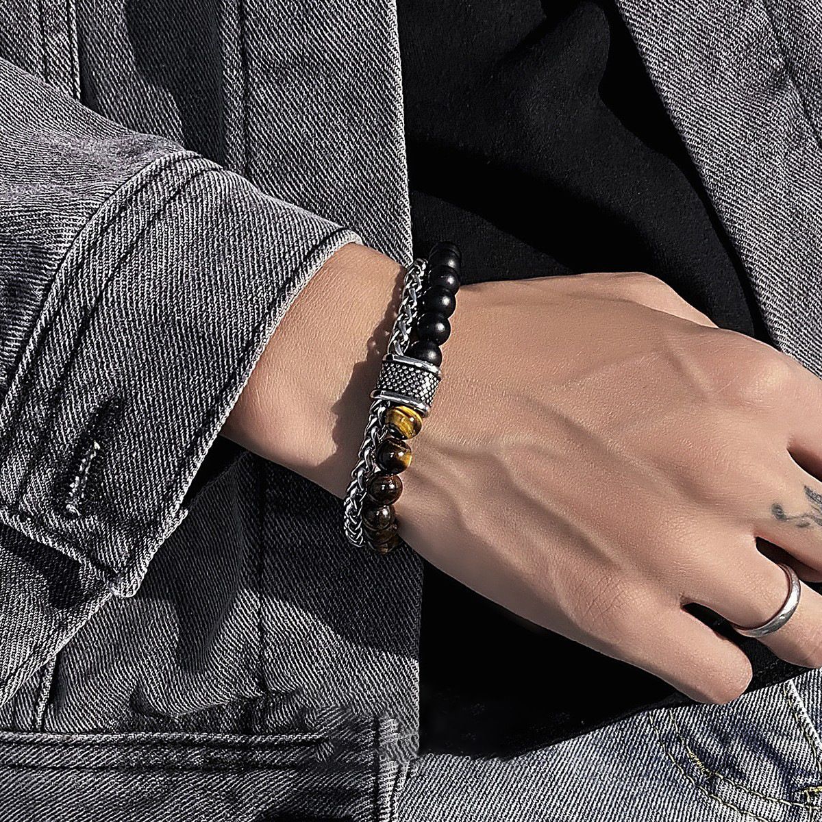 New frosted map stone bracelet men's double beaded OT button transfer bead titanium steel bracelet hand adornment tide