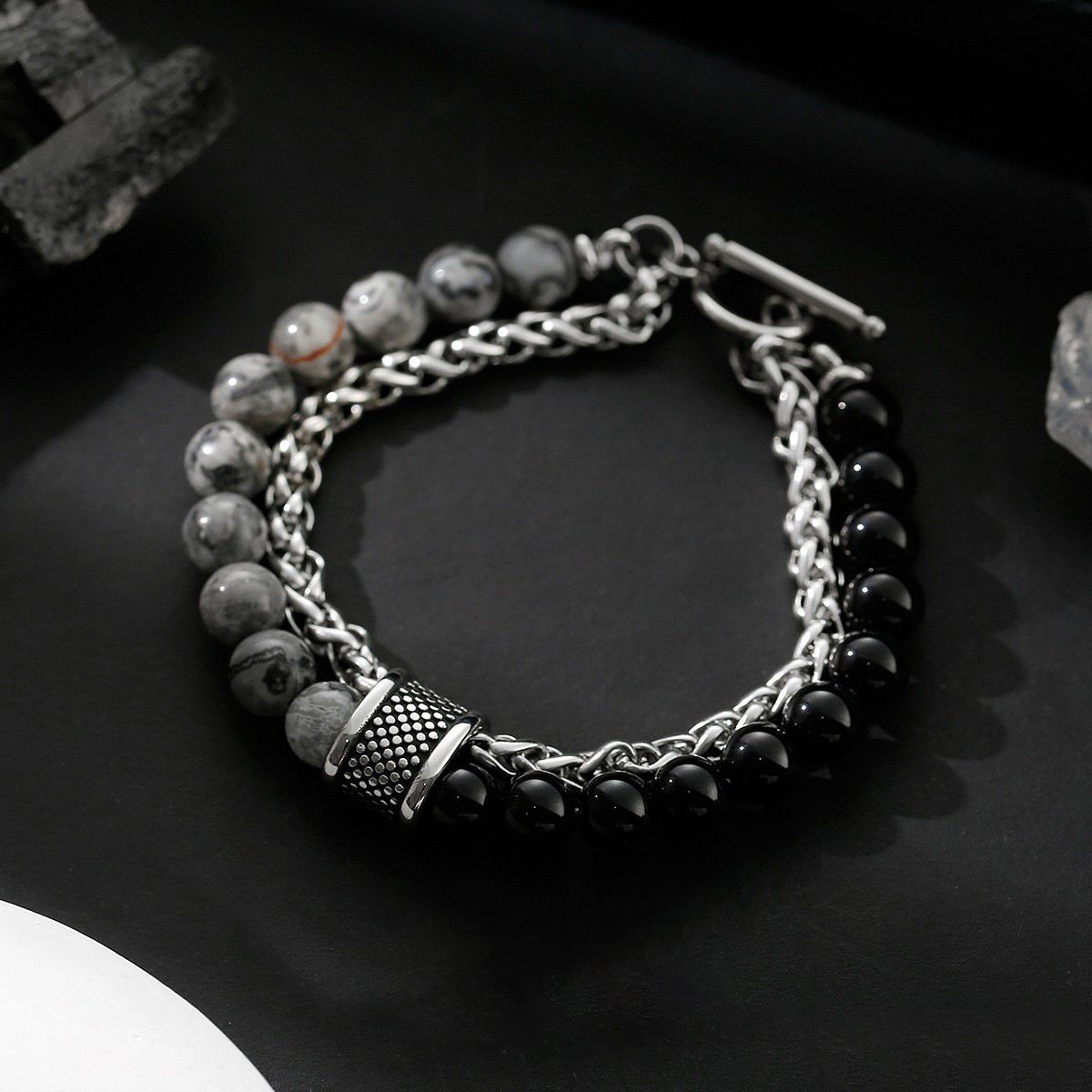 New frosted map stone bracelet men's double beaded OT button transfer bead titanium steel bracelet hand adornment tide