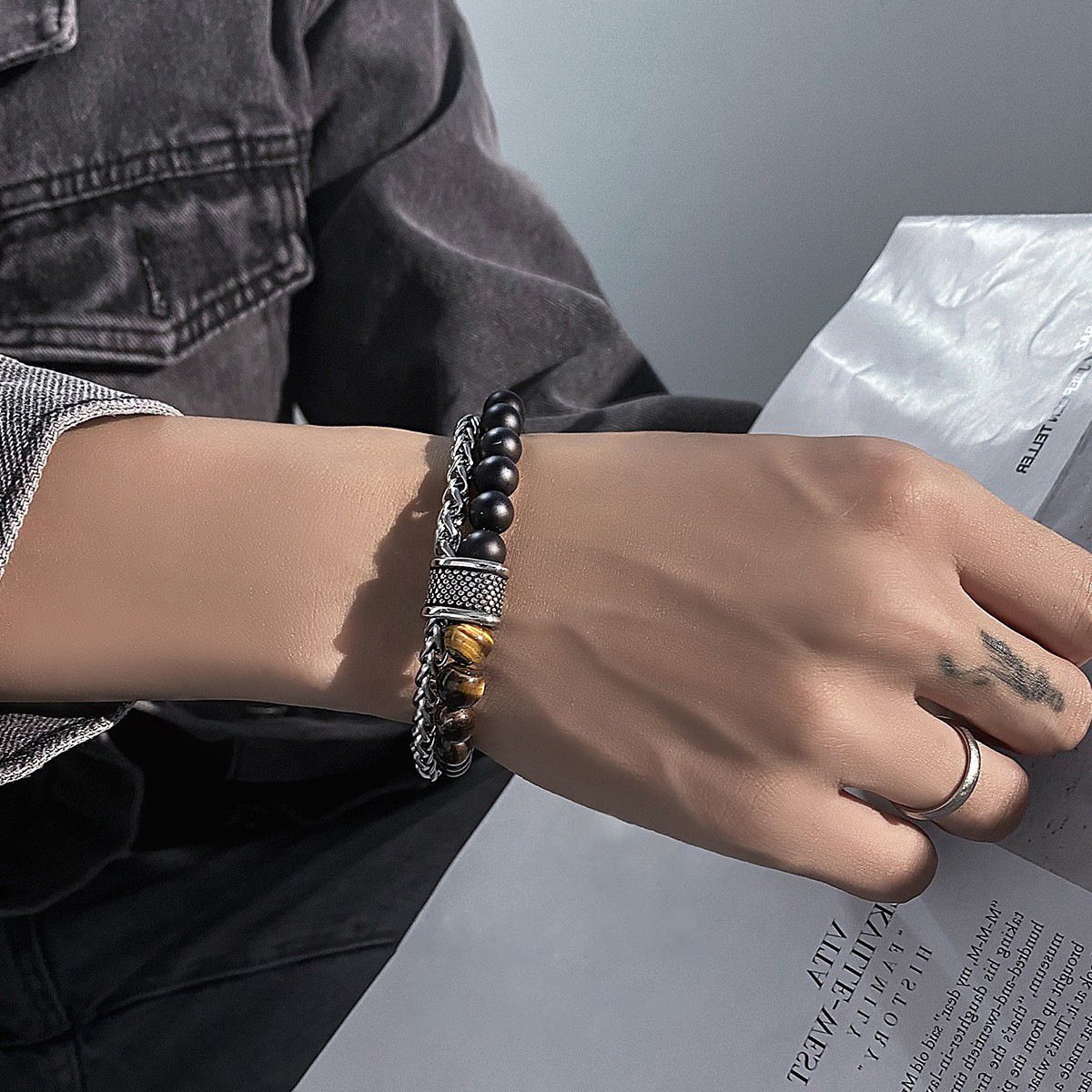 New frosted map stone bracelet men's double beaded OT button transfer bead titanium steel bracelet hand adornment tide