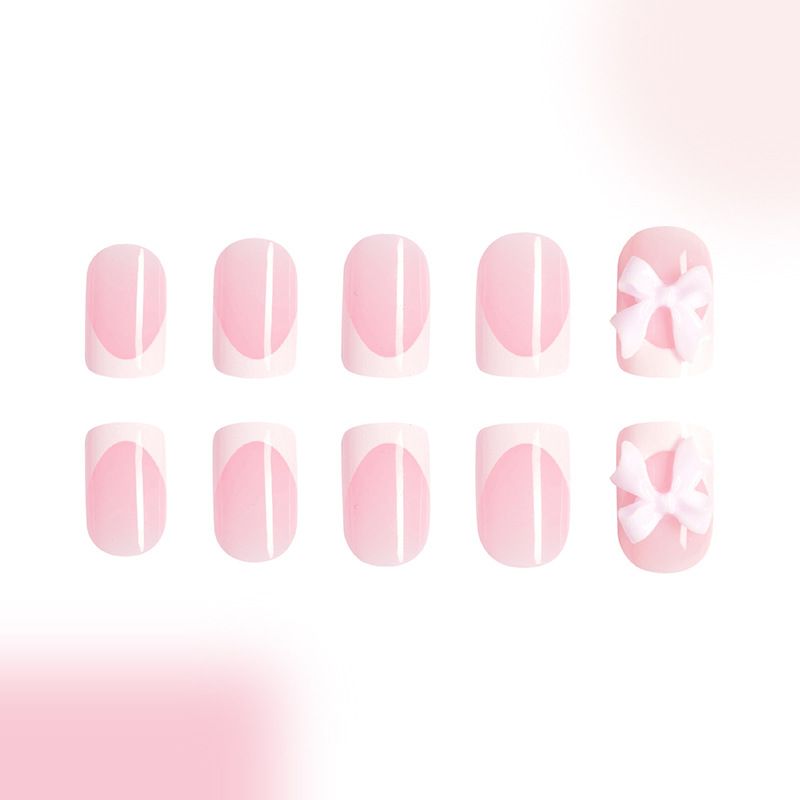 Short ladies bright face French pink bow cute sweet wear a simple girl Instagram 100 matching nail art 24 pieces