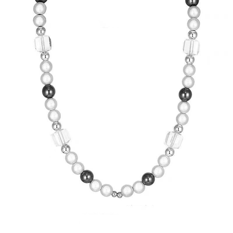 Reflective pearl patchwork cross niche design collarbone chain Titanium steel necklace Men's hip hop necklace girls' necklace