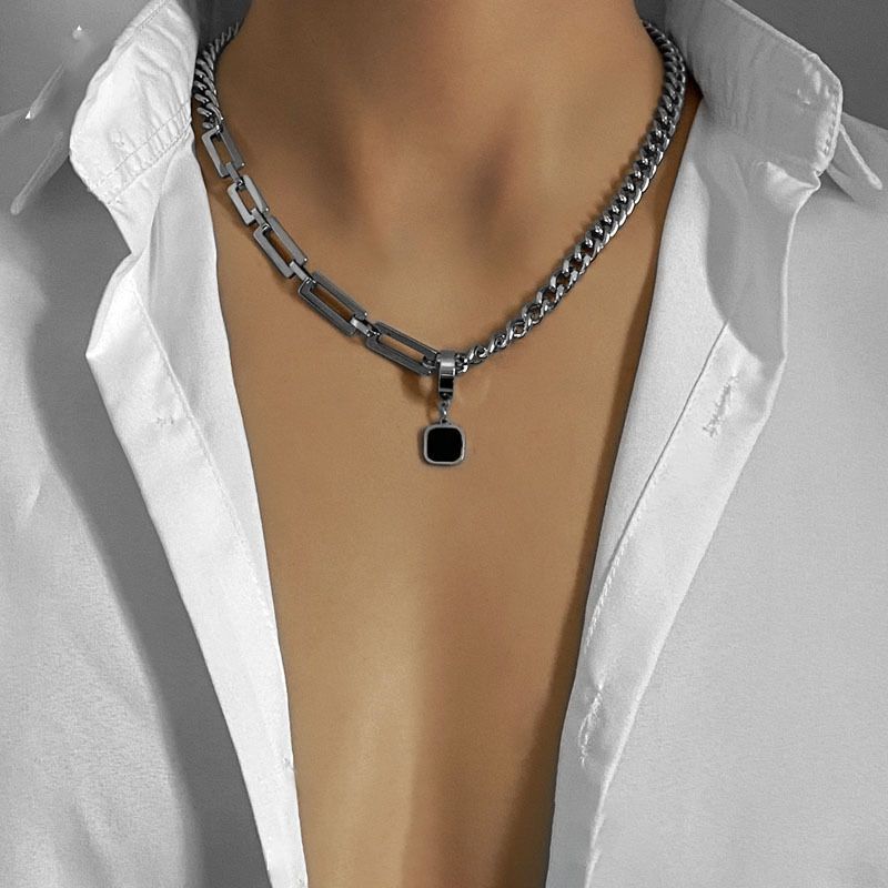 Hip hop fashion brand simple black square earrings necklace men and women niche design titanium steel splicing couples pendant accessories
