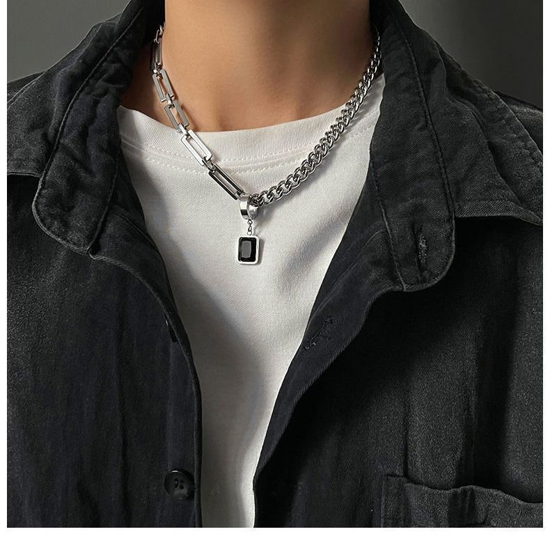 Hip hop fashion brand simple black square earrings necklace men and women niche design titanium steel splicing couples pendant accessories