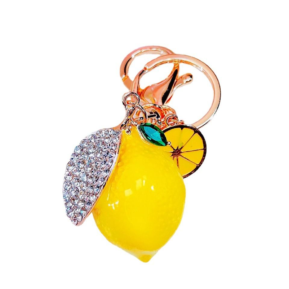 Simulation fruit lemon keychain metal diamond painting oil cute bag pendant Car key Girl schoolbag pendant