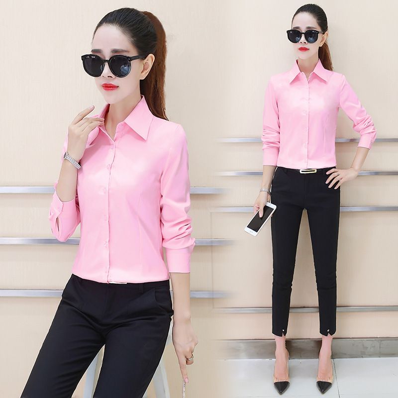 2025 spring new solid color women's shirt Korean version slim women's blouse long sleeve single breasted women's shirt