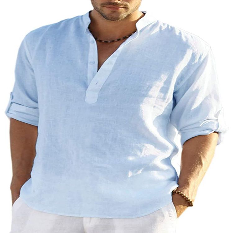 Men's linen long sleeve T-shirt Loose undershirt solid color long sleeve cotton linen shirt men's large size breathable shirt