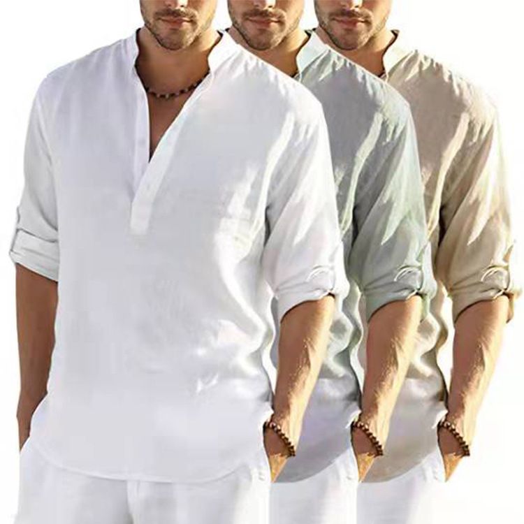 Men's linen long sleeve T-shirt Loose undershirt solid color long sleeve cotton linen shirt men's large size breathable shirt