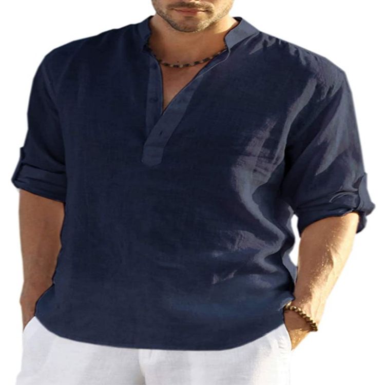 Men's linen long sleeve T-shirt Loose undershirt solid color long sleeve cotton linen shirt men's large size breathable shirt