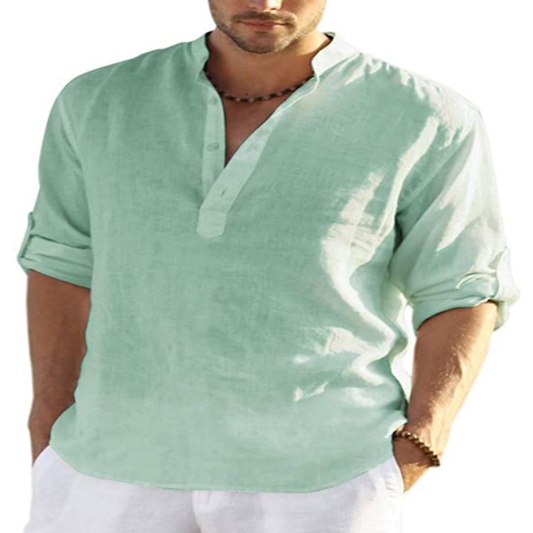 Men's linen long sleeve T-shirt Loose undershirt solid color long sleeve cotton linen shirt men's large size breathable shirt