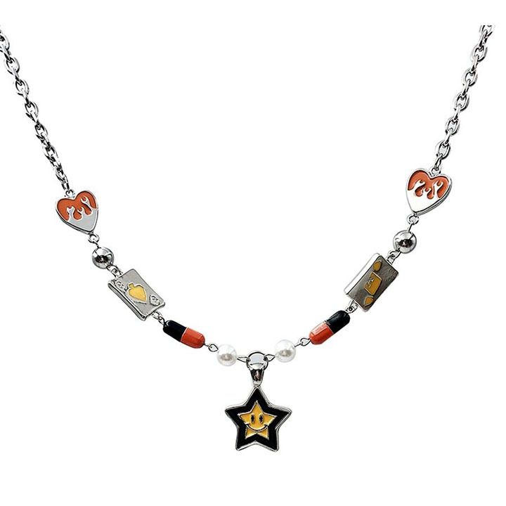 An ins national trend smiling lucky star patchwork necklace for men and women, a hip-hop high-end style collarbone chain hoodie accessory necklace