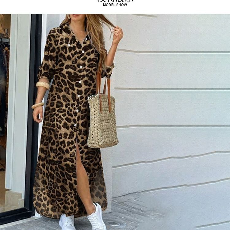 New and trendy leopard print women's fashionable dress, long slit women's shirt dress