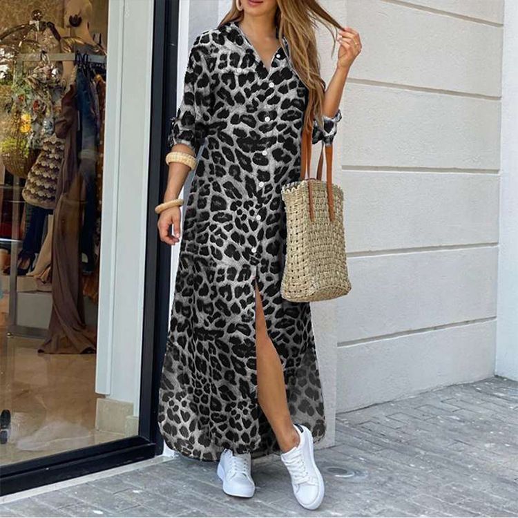 New and trendy leopard print women's fashionable dress, long slit women's shirt dress