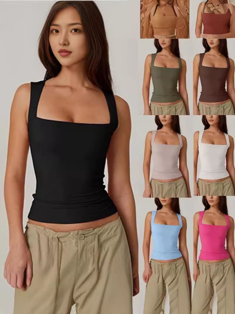 The 2025 summer new women's square-neck sleeveless double-layer vest and basic tight T-shirt