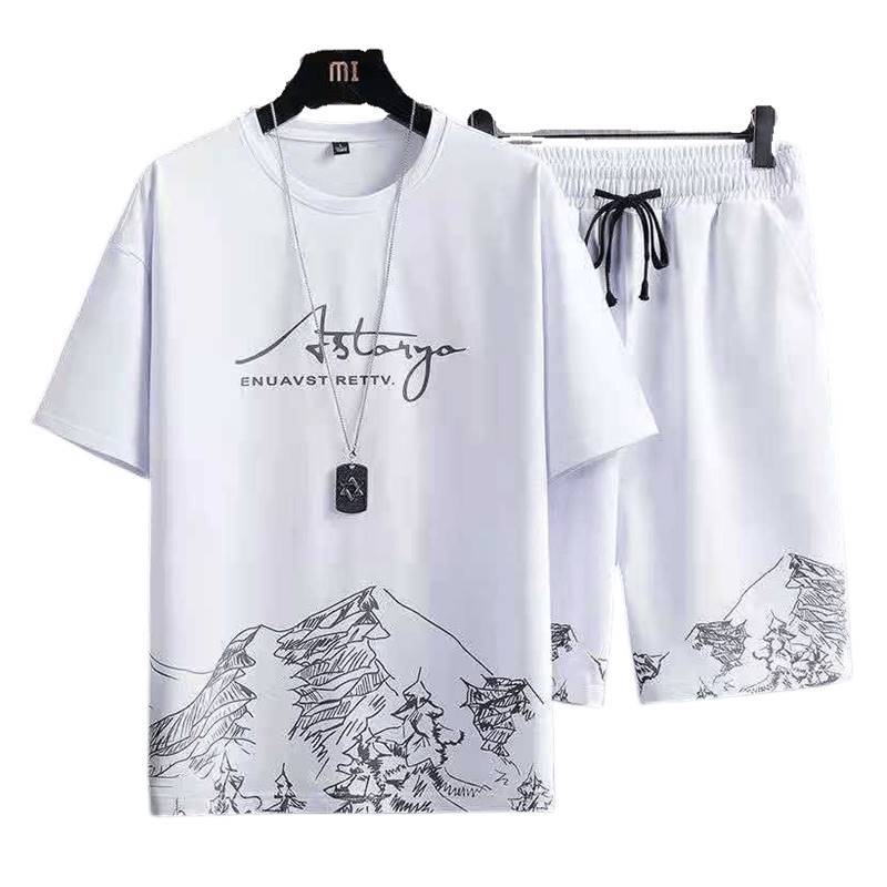 A complete set of new trendy two-piece summer casual sportswear for men, including ice silk short-sleeved T-shirts and shorts