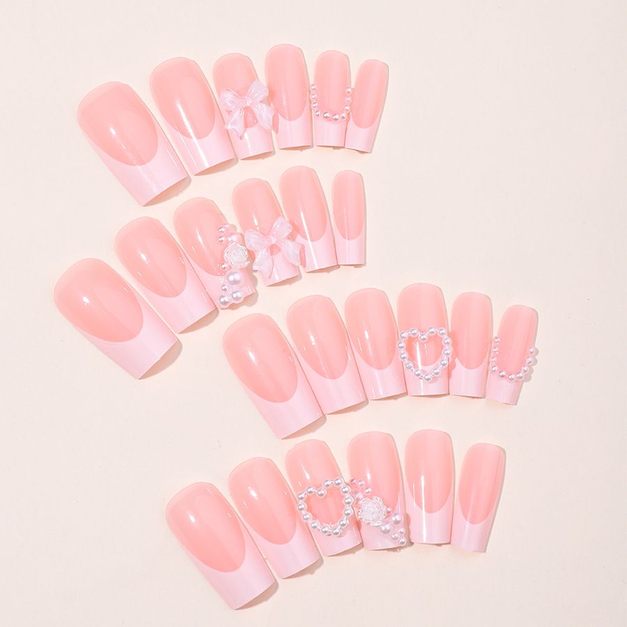 The best-selling wearable nail plate: French heart-shaped pearl detachable fake nail 3d bow nail plate nails view 2