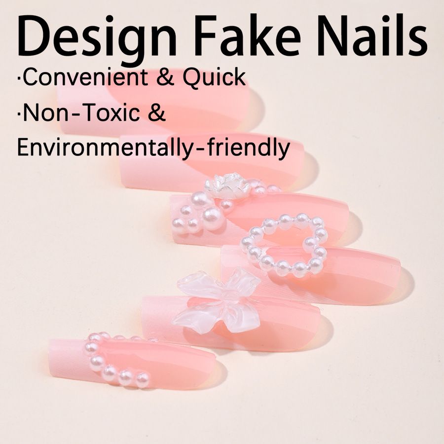 The best-selling wearable nail plate: French heart-shaped pearl detachable fake nail 3d bow nail plate nails view 3