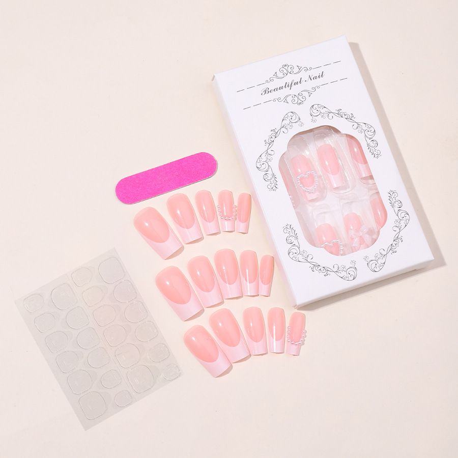 The best-selling wearable nail plate: French heart-shaped pearl detachable fake nail 3d bow nail plate nails view 4