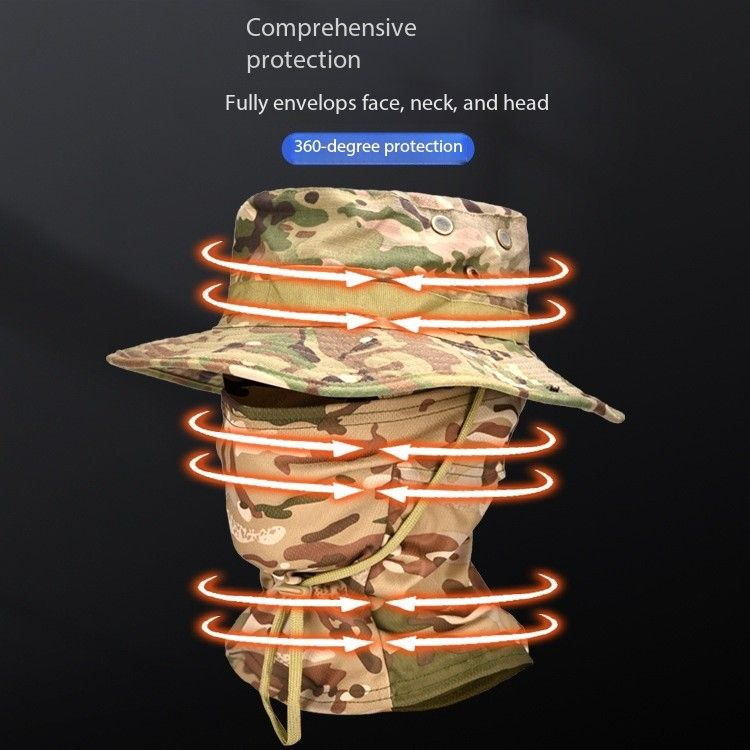 Camouflage round-rimmed Penney hat men's outdoor hiking, cycling, camping, fishing, sun protection, breathable, quick-drying full face mask headgear and hat two-piece set