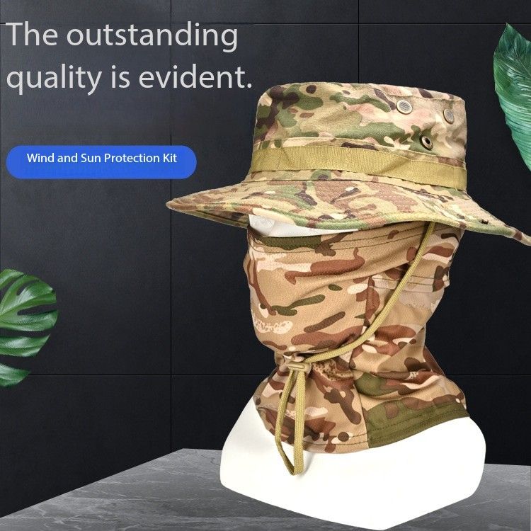 Camouflage round-rimmed Penney hat men's outdoor hiking, cycling, camping, fishing, sun protection, breathable, quick-drying full face mask headgear and hat two-piece set