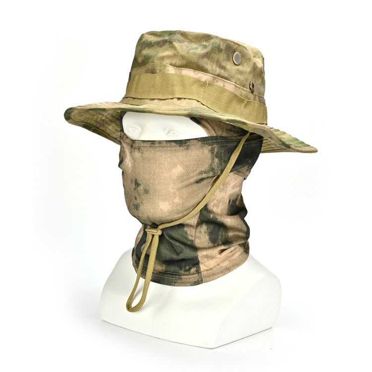 Camouflage round-rimmed Penney hat men's outdoor hiking, cycling, camping, fishing, sun protection, breathable, quick-drying full face mask headgear and hat two-piece set