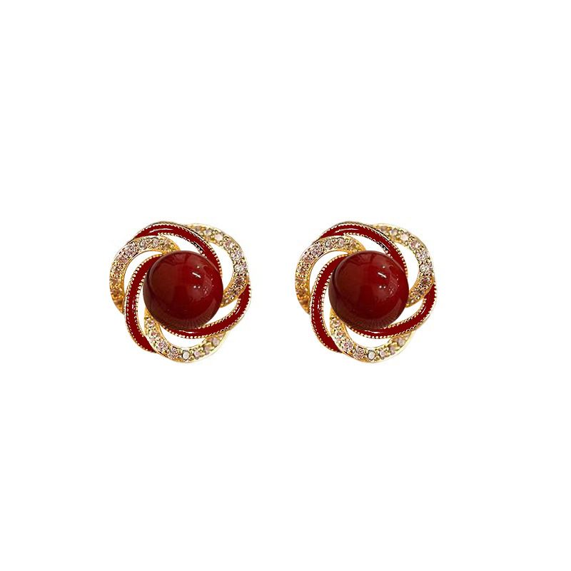 Light luxury, fashionable, exquisite and versatile red pearl stud earrings for women, 925 silver needle design sense, internet-famous fashion earrings