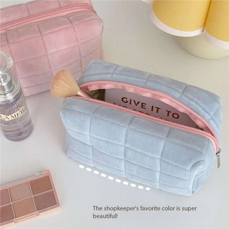 Cute Soft Plush Small Cosmetic Bag Portable Travel Pouch Solid Color Zipper Toiletry Storage Organizer for Women Makeup Bag