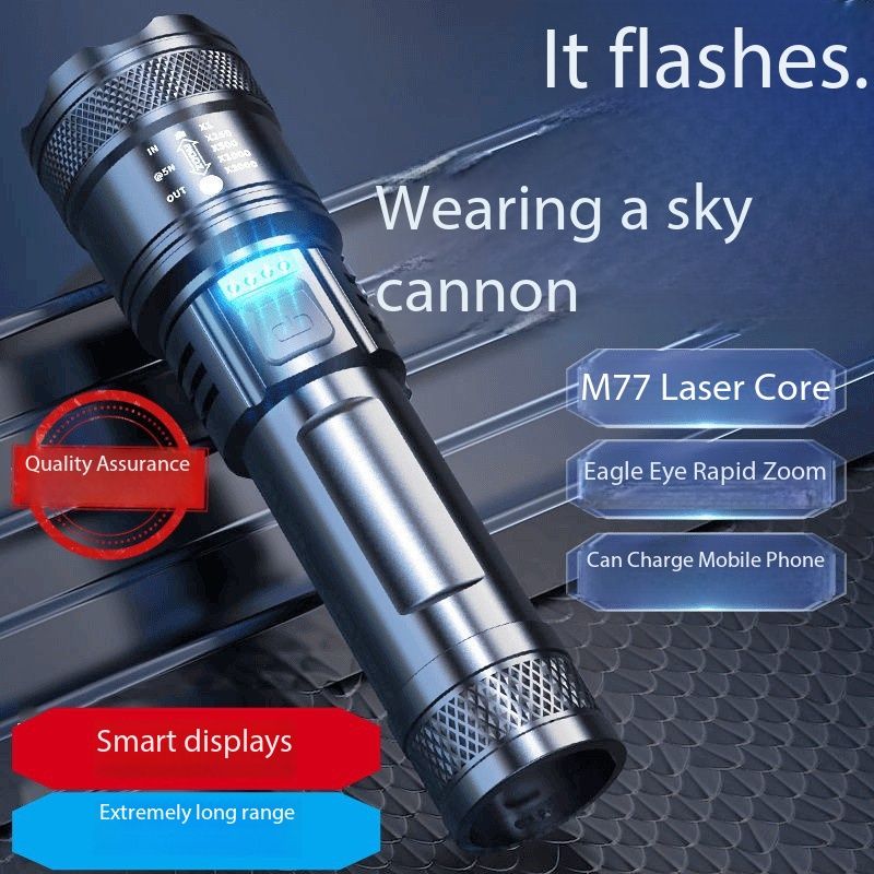 Outdoor flashlight, super powerful laser beam, ultra-long-range spotlight, bright and focused light, zoom function, aurora light, multi-functional, rechargeable, digital display, long battery life, sm
