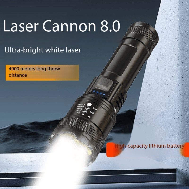 Outdoor flashlight, super powerful laser beam, ultra-long-range spotlight, bright and focused light, zoom function, aurora light, multi-functional, rechargeable, digital display, long battery life, sm