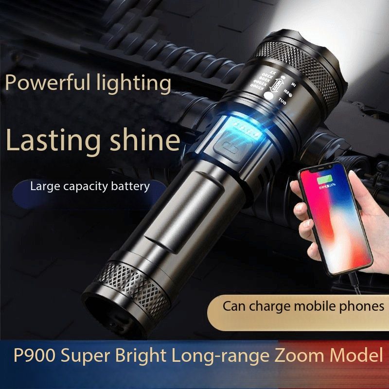 Outdoor flashlight, super powerful laser beam, ultra-long-range spotlight, bright and focused light, zoom function, aurora light, multi-functional, rechargeable, digital display, long battery life, sm