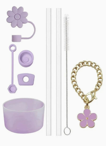 9pcs Accessories Set 3 Spill Proof Stopper Flowers Straw Cover Boot 2 Straw and Brush and 1 Flower Charm Chain for Stanley Cup