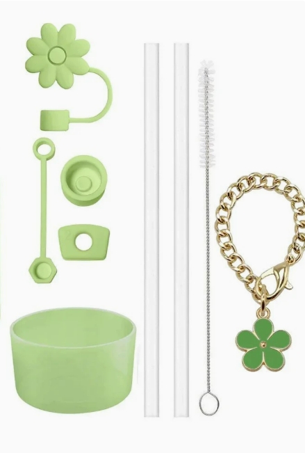 9pcs Accessories Set 3 Spill Proof Stopper Flowers Straw Cover Boot 2 Straw and Brush and 1 Flower Charm Chain for Stanley Cup