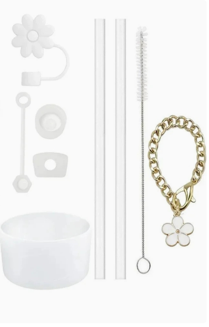 9pcs Accessories Set 3 Spill Proof Stopper Flowers Straw Cover Boot 2 Straw and Brush and 1 Flower Charm Chain for Stanley Cup
