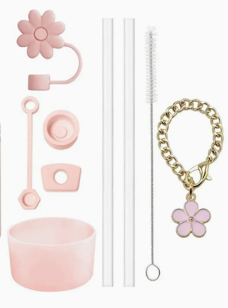 9pcs Accessories Set 3 Spill Proof Stopper Flowers Straw Cover Boot 2 Straw and Brush and 1 Flower Charm Chain for Stanley Cup