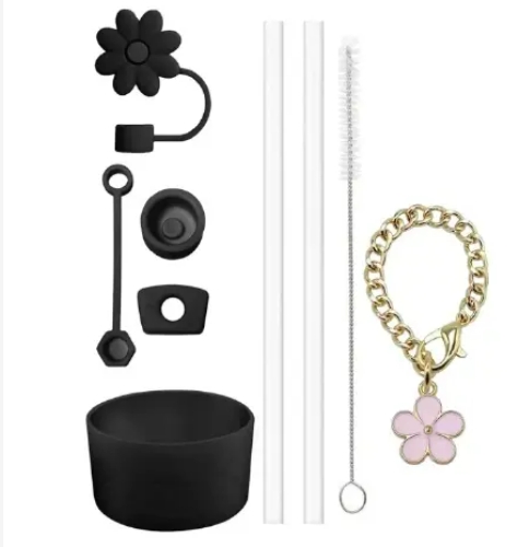 9pcs Accessories Set 3 Spill Proof Stopper Flowers Straw Cover Boot 2 Straw and Brush and 1 Flower Charm Chain for Stanley Cup