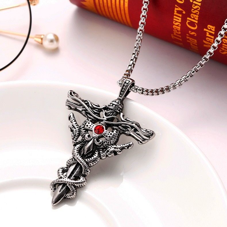 Punk Fashion Red Rhinestone Double Dragon Sword Pendant Necklace Vintage Cross Necklace For Men