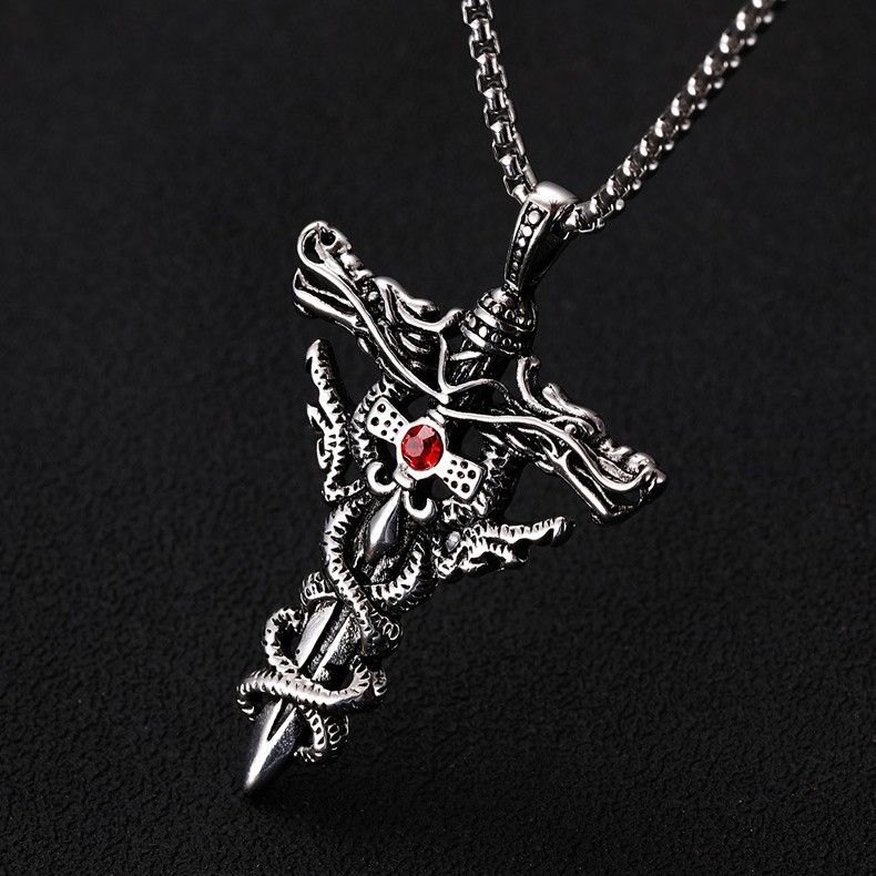 Punk Fashion Red Rhinestone Double Dragon Sword Pendant Necklace Vintage Cross Necklace For Men