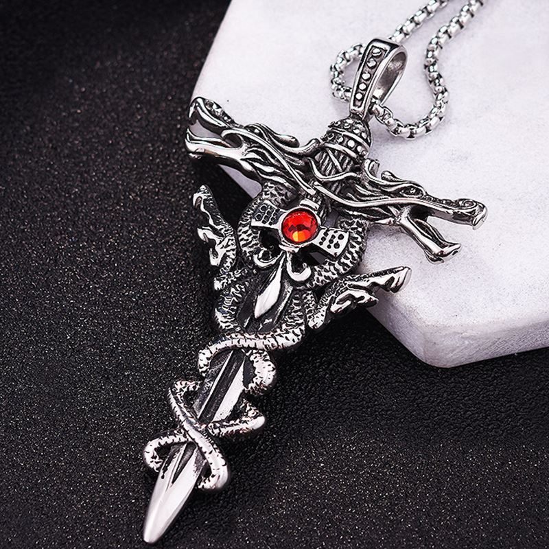Punk Fashion Red Rhinestone Double Dragon Sword Pendant Necklace Vintage Cross Necklace For Men