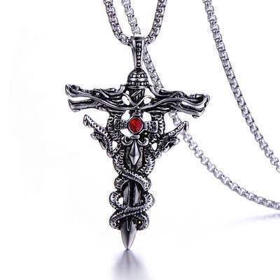 Punk Fashion Red Rhinestone Double Dragon Sword Pendant Necklace Vintage Cross Necklace For Men