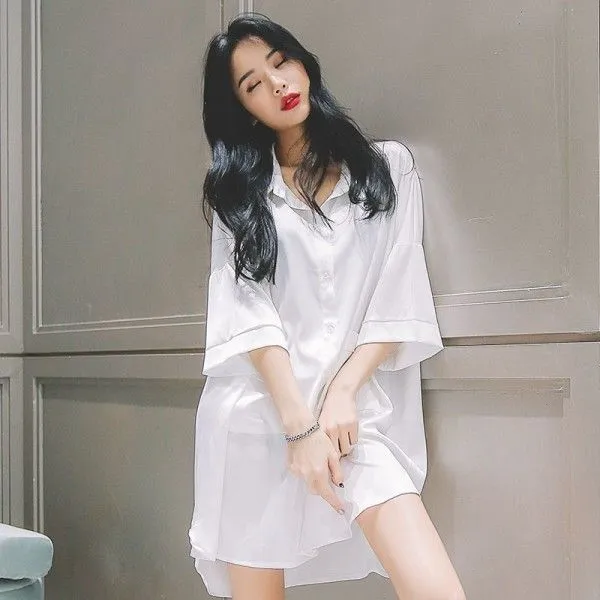 Short-Sleeved Shirt Nightdress Sexy Imitation Chiffon Loose Plus Size Home Wear