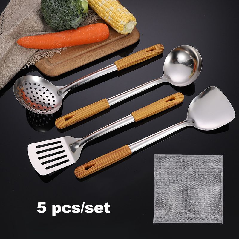 5 pcs/set of kitchen stainless steel kitchenware  spatula  leaky spoon  soup spoon  leaky spoon Imitating wood grain for cooking and stir frying