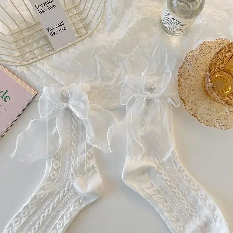 Mid-tube Solid Lace Bow Ruffle Socks Kawaii Lolita Short Socks Cotton Socks JK Japanese Lacework Stockings Women's Stockings
