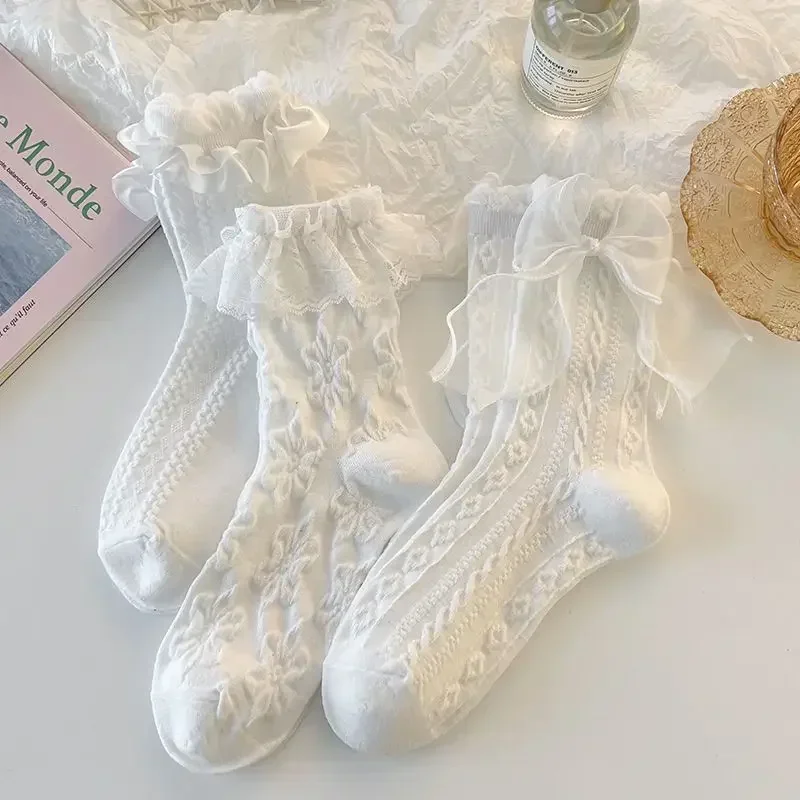 Mid-tube Solid Lace Bow Ruffle Socks Kawaii Lolita Short Socks Cotton Socks JK Japanese Lacework Stockings Women's Stockings