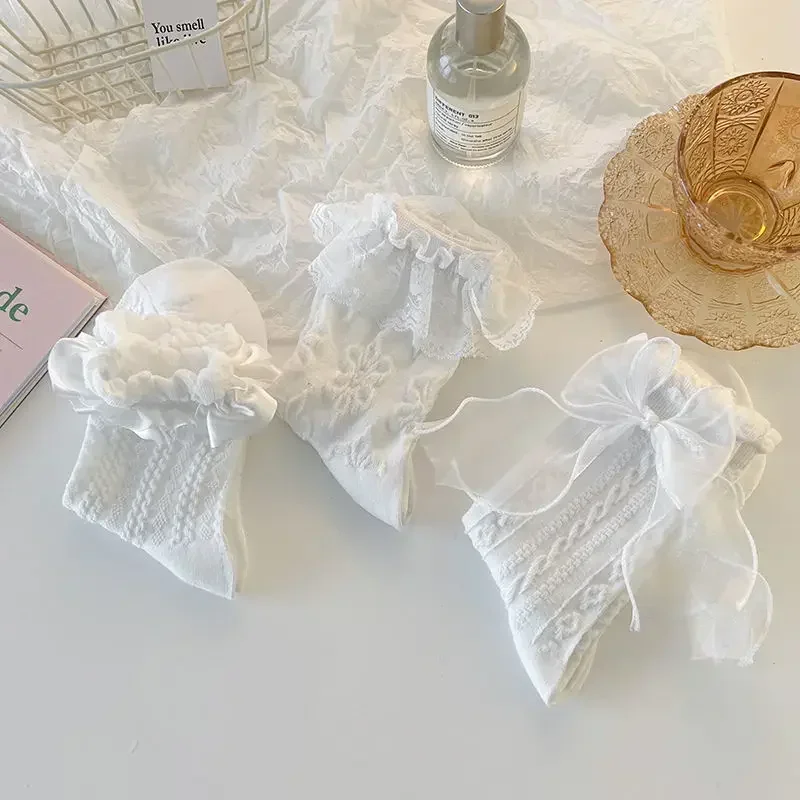 Mid-tube Solid Lace Bow Ruffle Socks Kawaii Lolita Short Socks Cotton Socks JK Japanese Lacework Stockings Women's Stockings