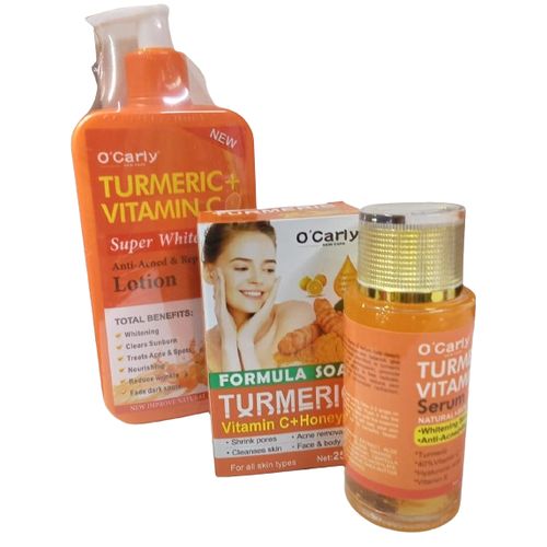 O'Carly Turmeric + Vitamin C Super Whitening Lotion, Soap, and Serum Brightens Skin, Lightens Dark Spots, Evens Tone, Hydrates Deeply, Nourishes, Anti-inflammatory Benefits