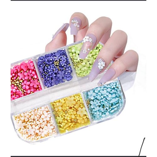 3D Flower Nail Charms, 6 Colors Acrylic Flower Nail Art Rhinestones Mixed Nail Flowers with Gold Caviar Beads Acrylic Nail Supplies for Manicure