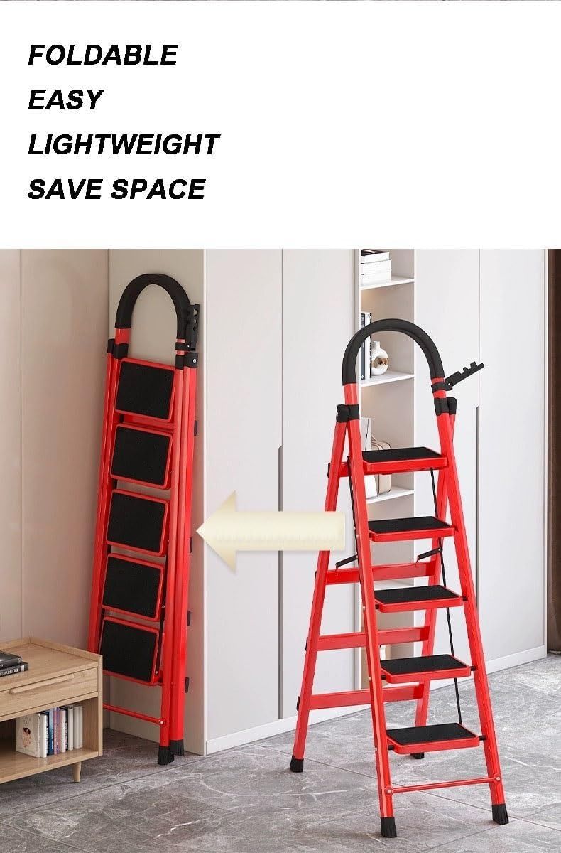 6-Step Ladder Foldable Step Stool Ladder Portable Ladders Wide Anti-Slip Pedal 550lbs Load Capacity Stainless Steel Lightweight for Household