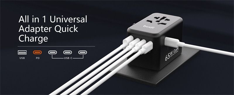 65W 5-Port USB PD Charger USB-A+4USB-C PD Fast Charging Wall Charger Adapter EU/US/UK/AU Switchable Plug with Card Holder Storage Slot Multifunctional Travelling Charger Adapter