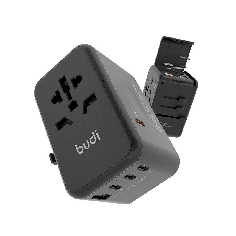 65W 5-Port USB PD Charger USB-A+4USB-C PD Fast Charging Wall Charger Adapter EU/US/UK/AU Switchable Plug with Card Holder Storage Slot Multifunctional Travelling Charger Adapter