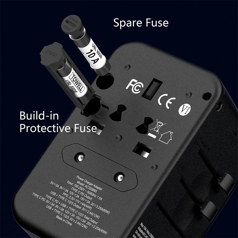 65W 5-Port USB PD Charger USB-A+4USB-C PD Fast Charging Wall Charger Adapter EU/US/UK/AU Switchable Plug with Card Holder Storage Slot Multifunctional Travelling Charger Adapter